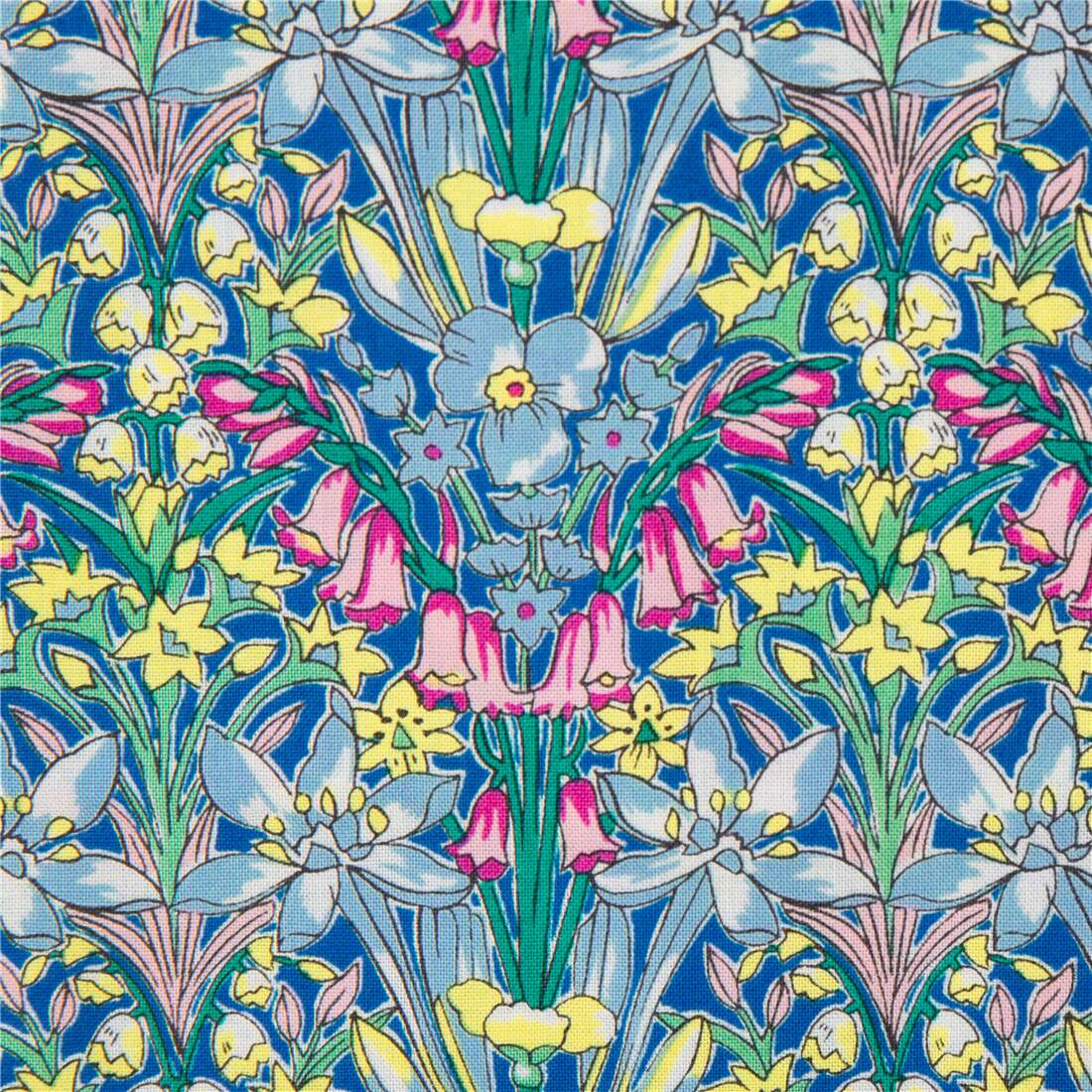 blue fabric with pink bluebells and colorful flowers by Liberty Fabrics ...