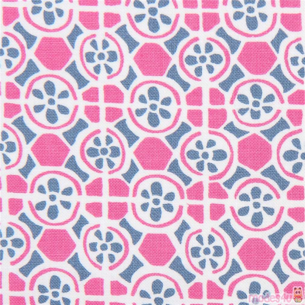 blue flower pink ornament pattern fabric Moda Fabrics Fabric by