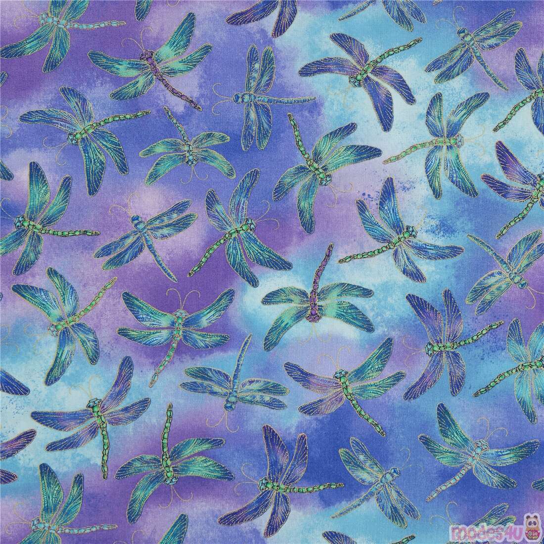 blue green metallic gold outline dragonflies fabric by Timeless ...