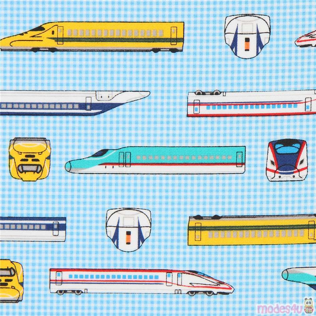 Fat Quarter (50 x 55 cm) - blue white checkered with train transport ...