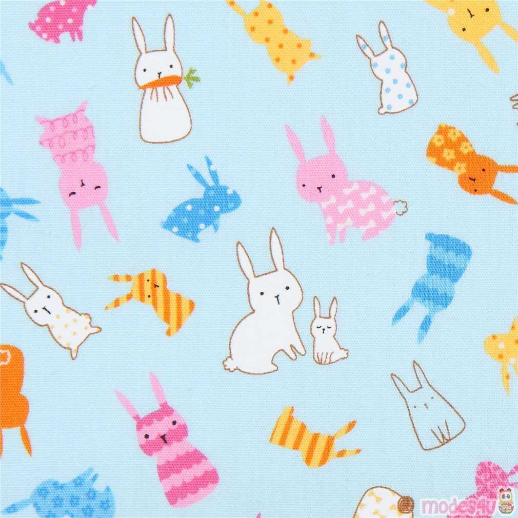 Remnant (31 x 110 cm) - blue with bunny rabbit animal poplin fabric by ...