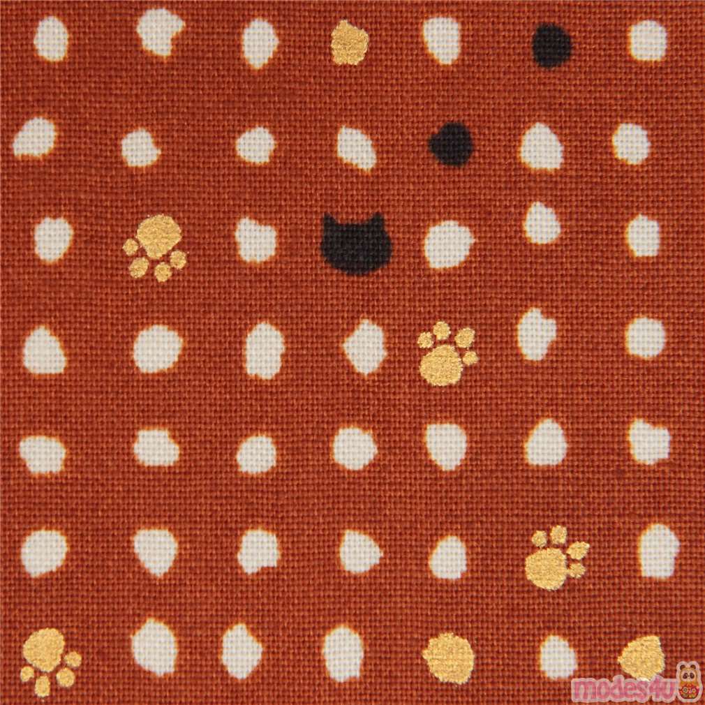 brown fabric with paw print dot cat face gold metallic embellishment