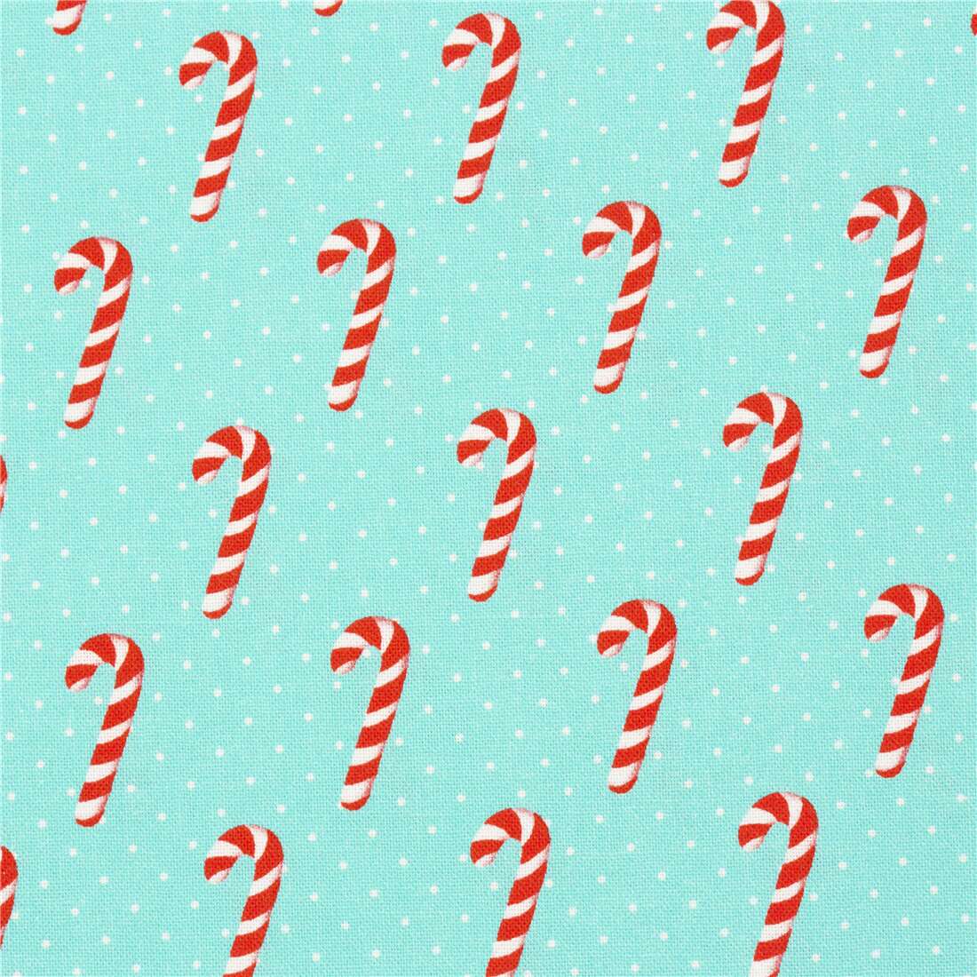 candy cane wishes Michael Miller light blue cotton fabric white polka ...