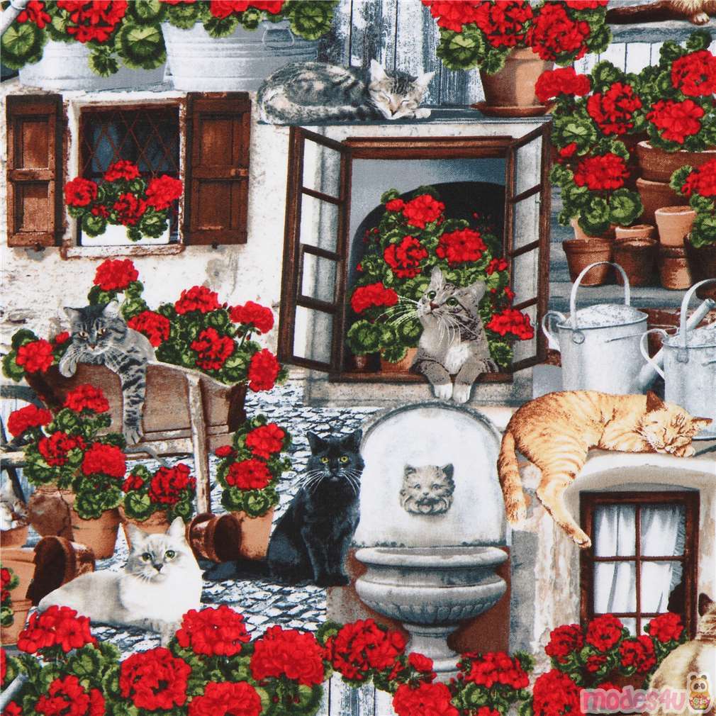 cat fabric by Timeless Treasures with geraniums Fabric by Timeless