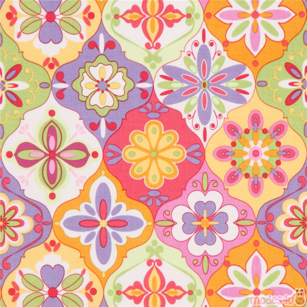 colorful Riley lime green orange purple flower pattern fabric Fabric by ...