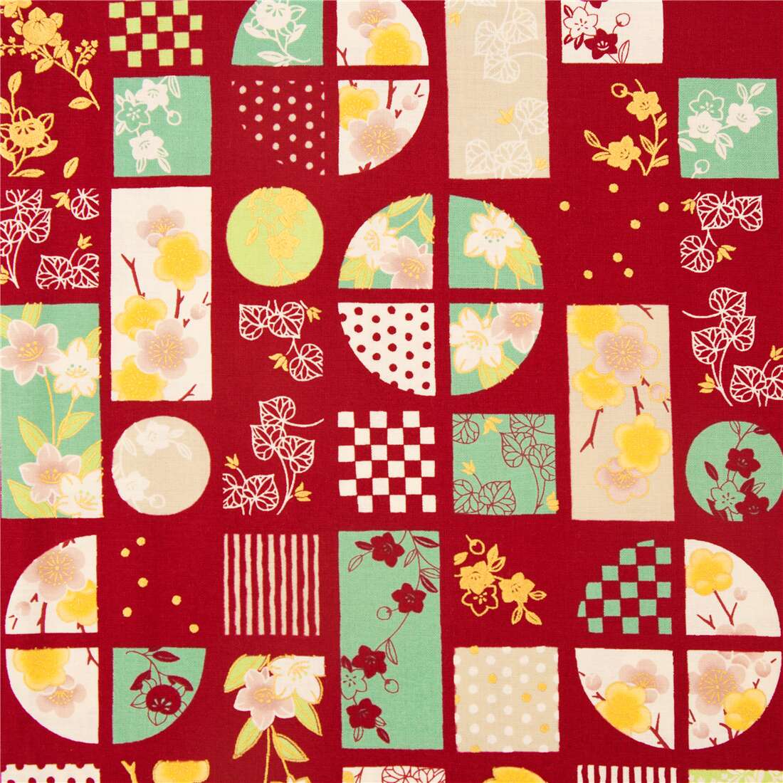 cotton Japan red fabric with window pane style floral patterns metallic ...