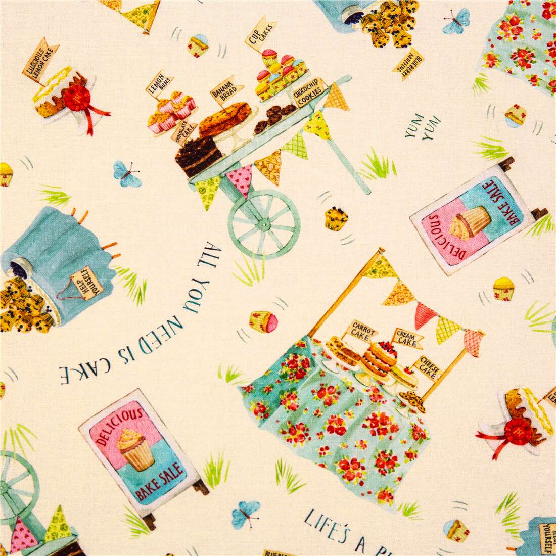 cream Michael Miller cotton fabric USA with tumbling bake sale stands ...