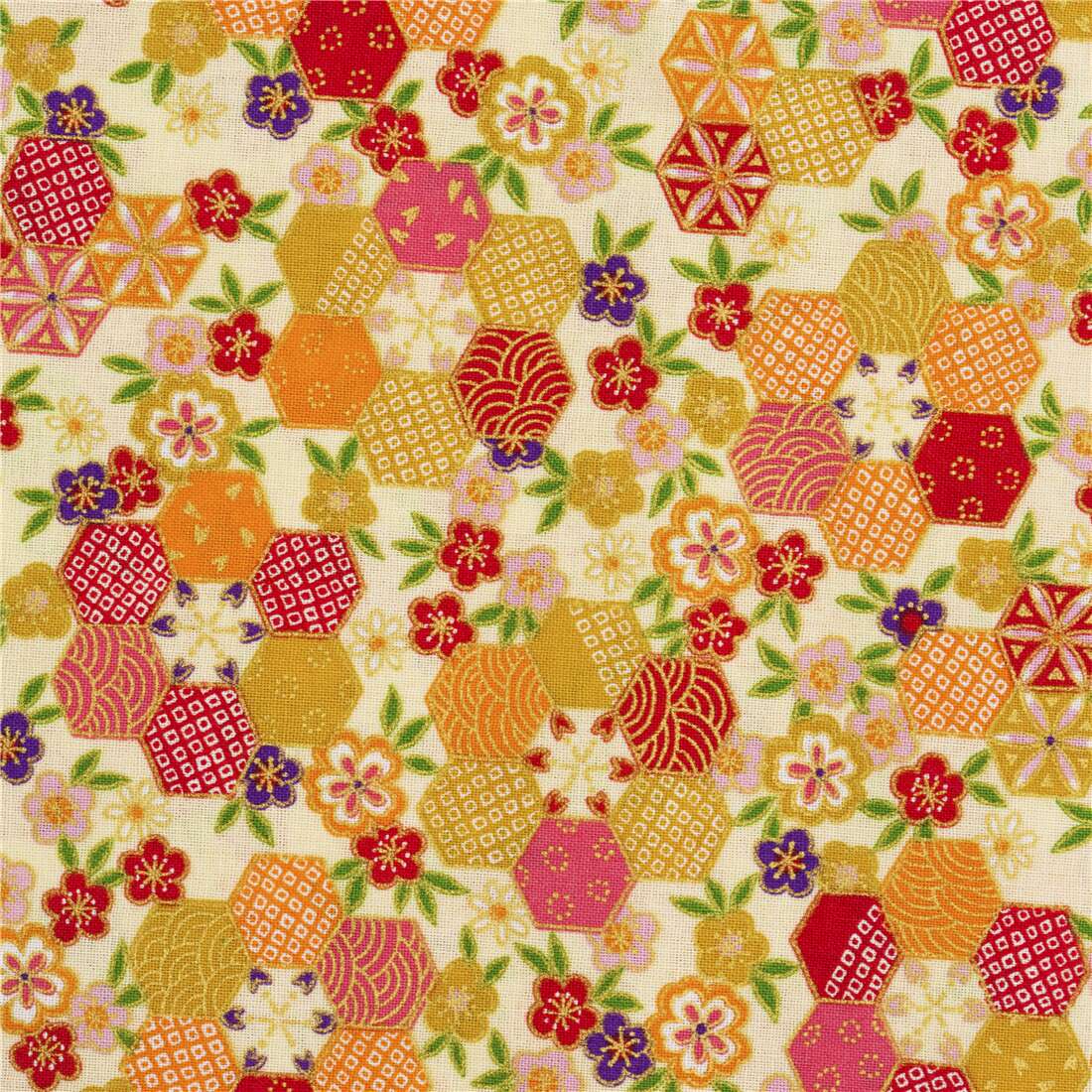 cream cotton fabric with colourful hexagon and metallic detailing from ...