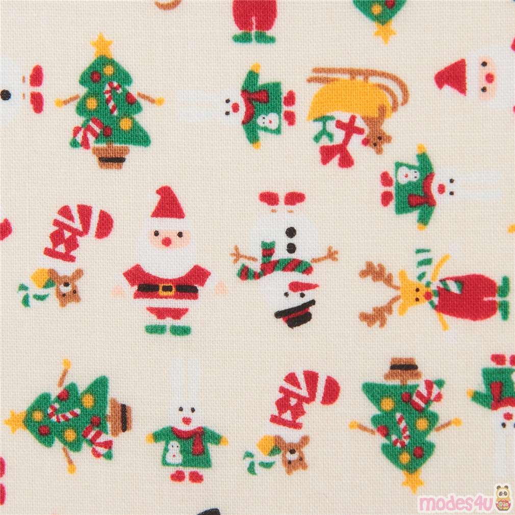 cream cute Christmas santa reindeer snowman fabric Fabric by Japanese ...