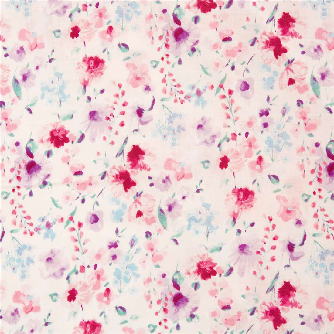 cream painterly floral cotton lawn fabric with blooms pink blue purple