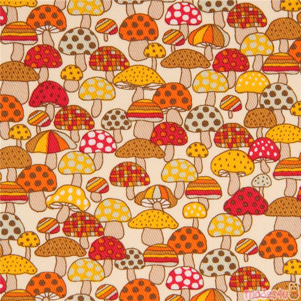 cream twill colorful yellow orange mushroom fabric from Japan