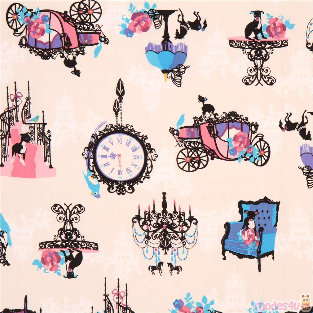 cream with dog carriage clock Canvas fabric from Japan Fabric by Japanese Indie modeS4u