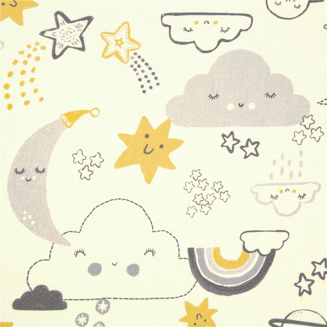 süße Wolken Sterne und Regenbögen auf cremefarbenem Baumwollstoff
