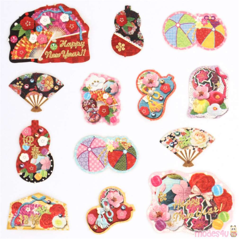 cute small Happy New Year stickers  with colorful  fans Set 