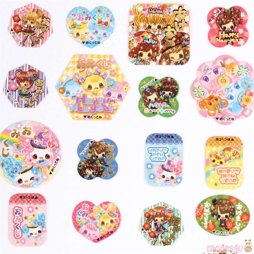 cute small happy new year stickers with little girls and