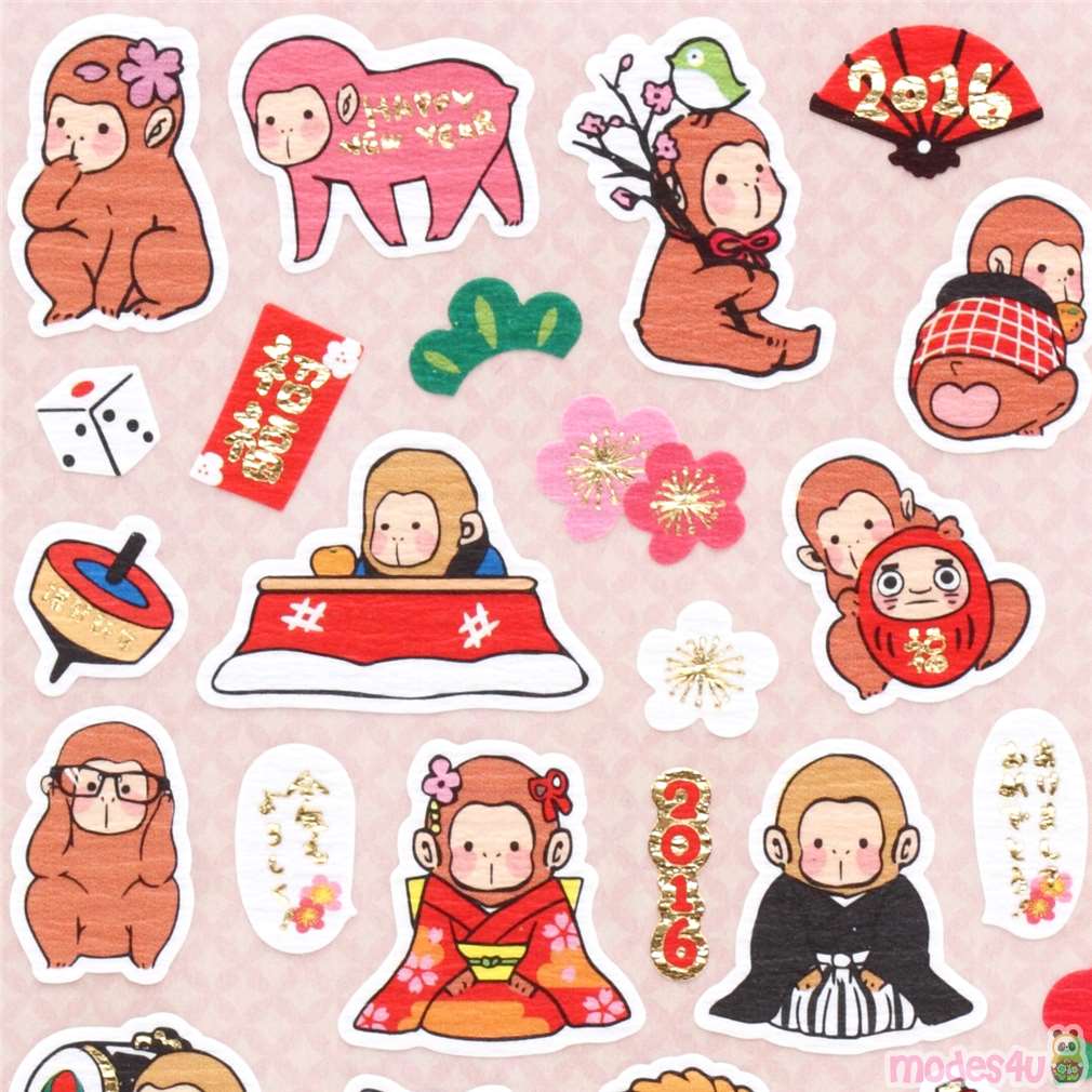 cute small Happy New Year stickers with monkeys in outfits with items ...