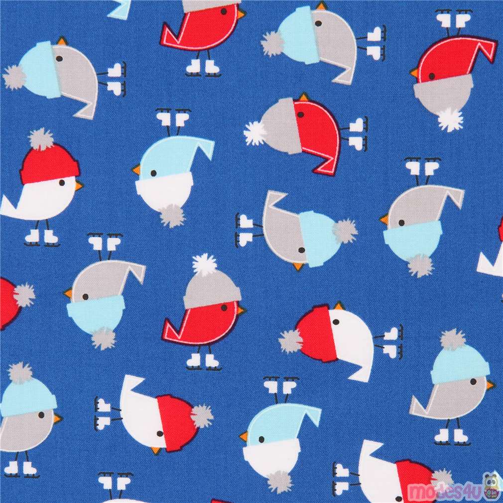 dark blue Robert Kaufman fabric cute bird hat ice skates Jingle 4 ...