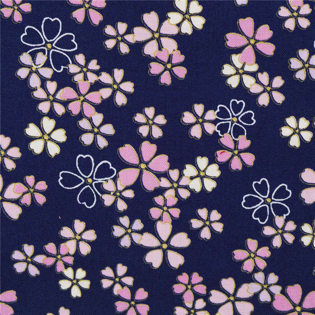 dark blue cotton fabric with various sizes cherry blossoms from Japan