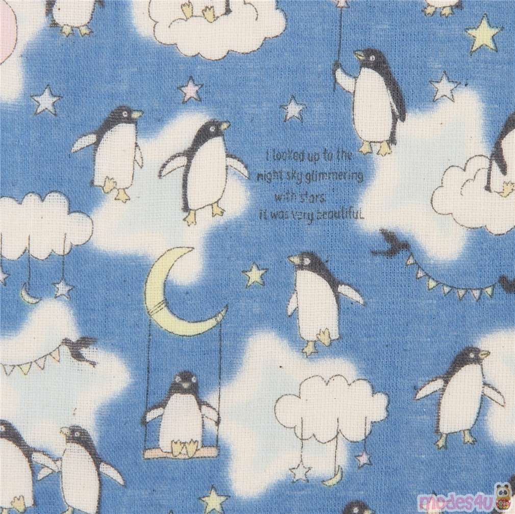 blue double gauze fabric with penguins and clouds modeS4u