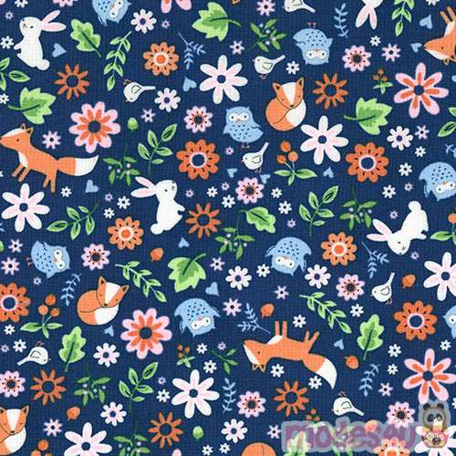 dark blue fabric with bunny rabbit fox owl animal by Timeless Treasures ...