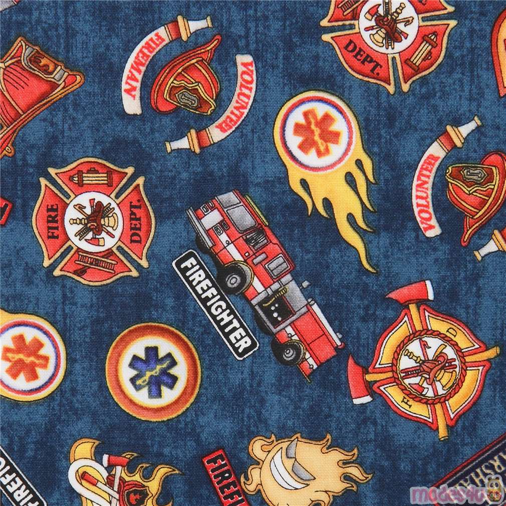 Fire Engine Pattern Material dark blue fabric with helmet fire engine vehicle transport Quilting ...