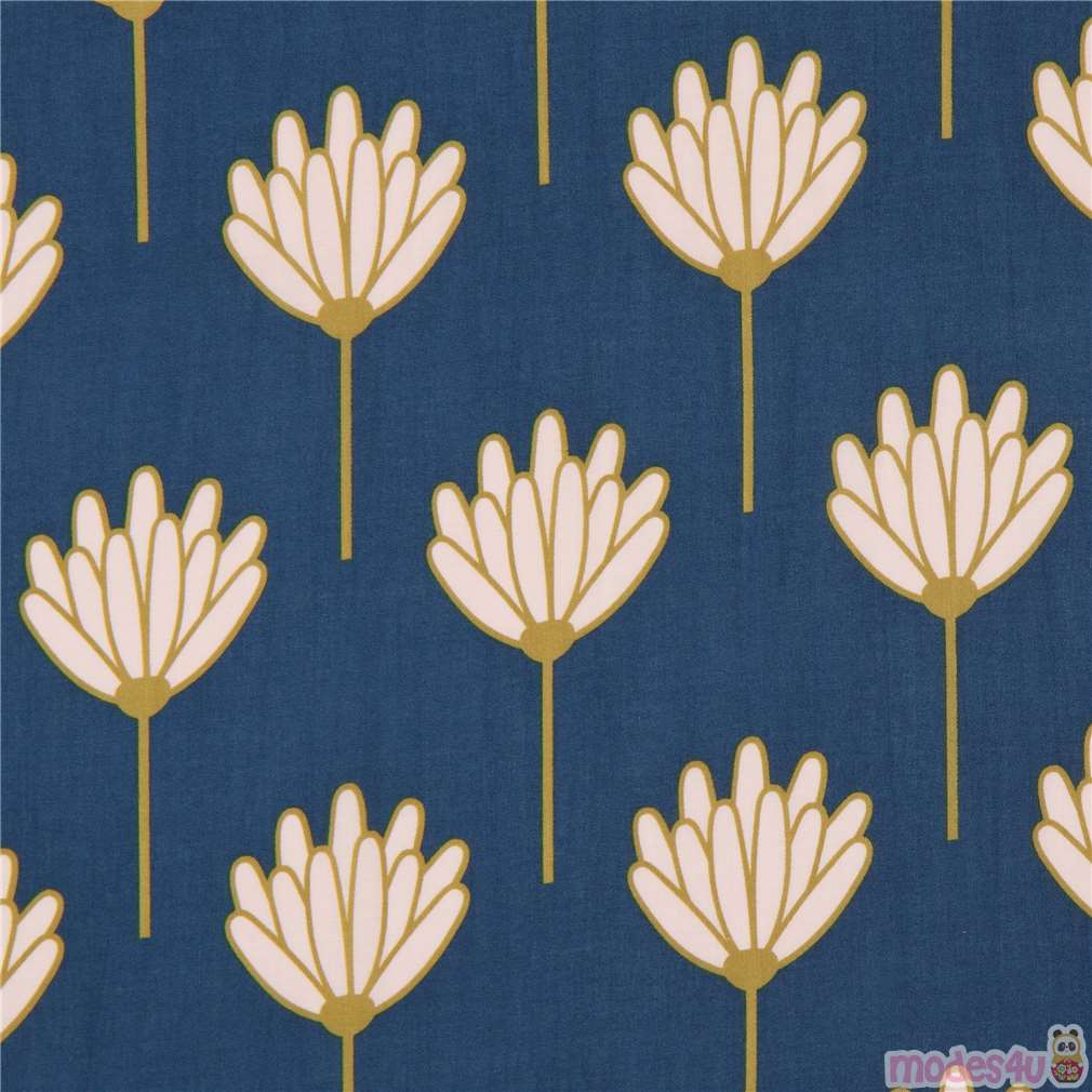 dark blue rayon fabric with flower Fabric by Japanese Indie modes4u
