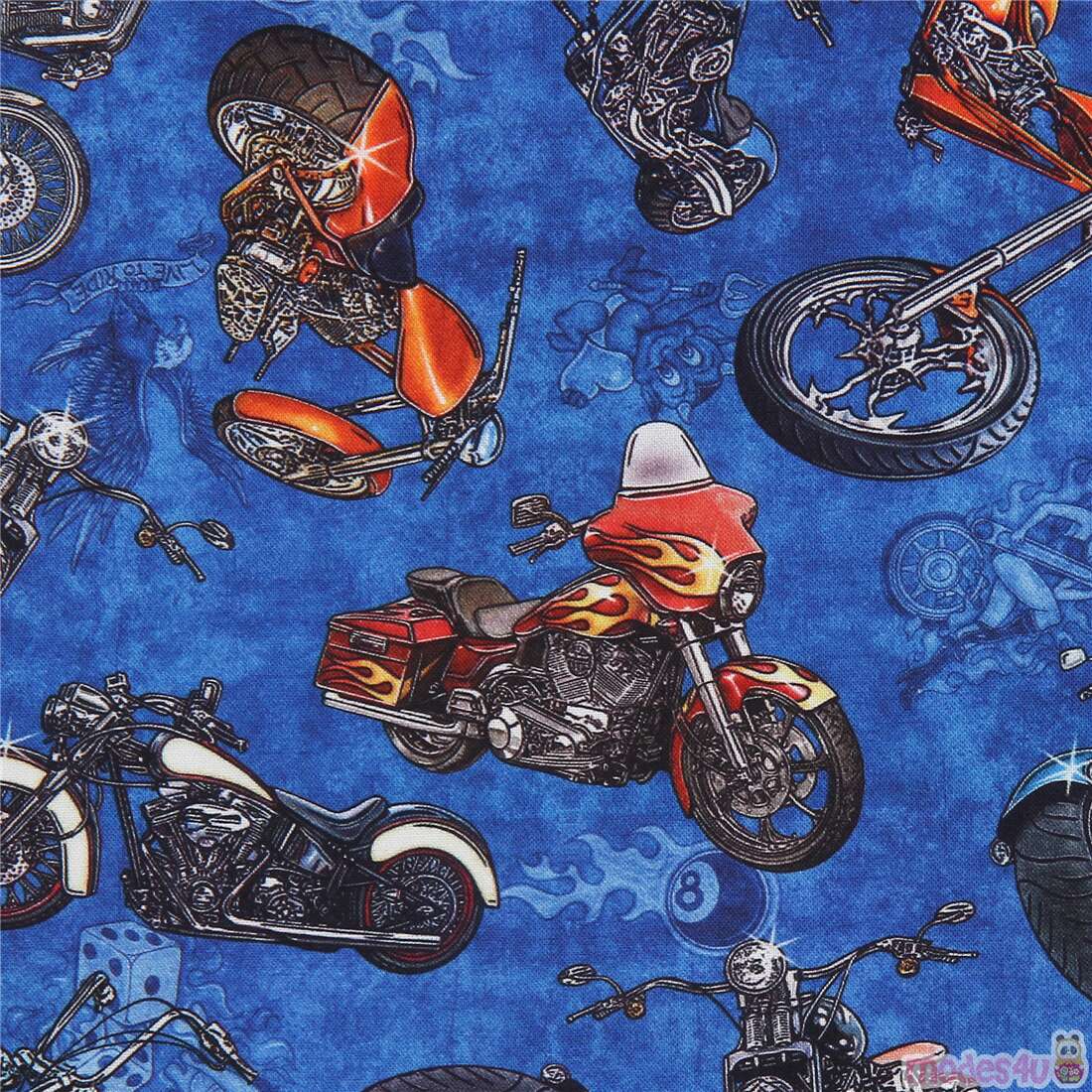 Remnant (45 x 109 cm) - dark blue tossed motorcycle fabric by QT Fabrics - modeS4u