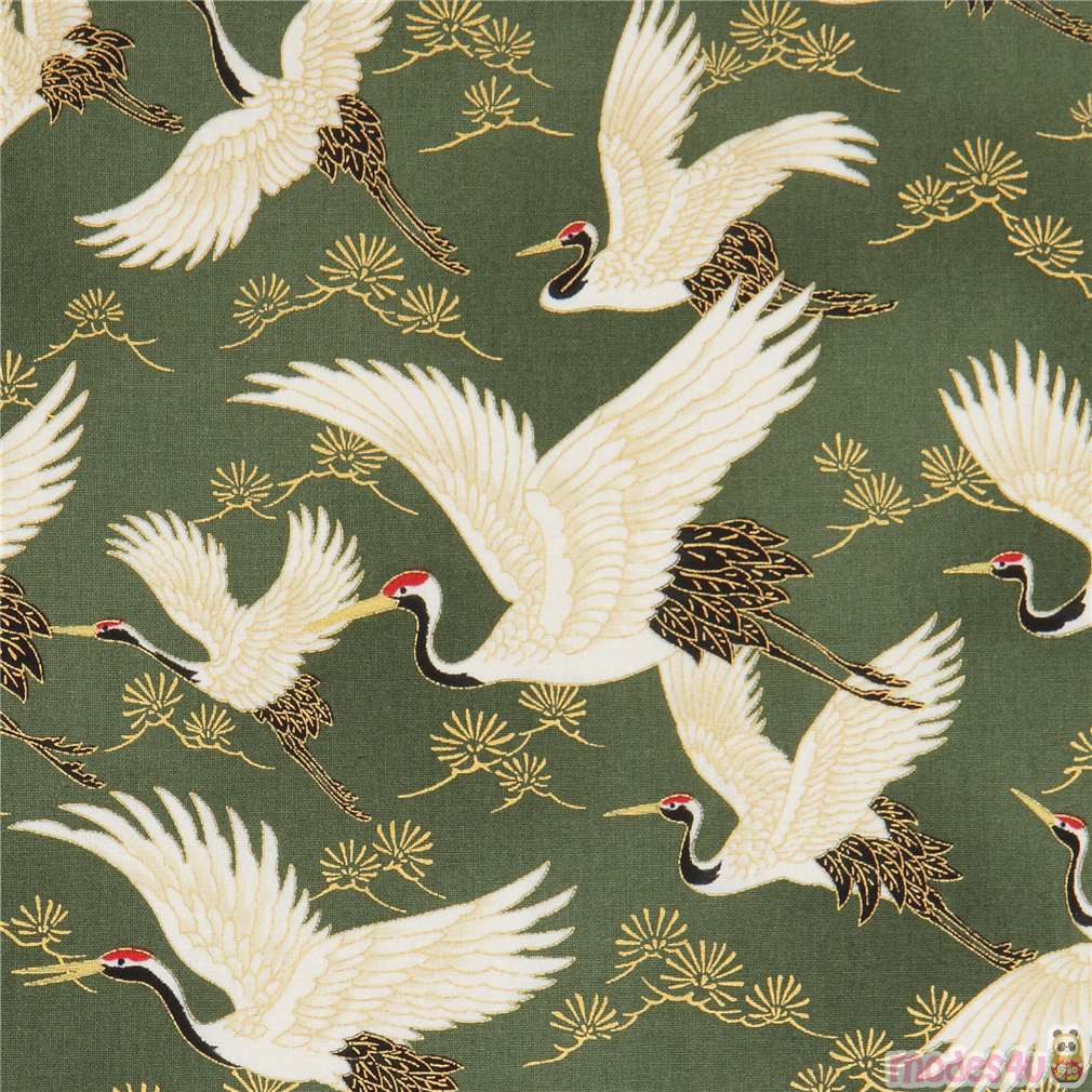 dark green crane embellished fabric by Quilt Gate Fabric by Cosmo - modes4u