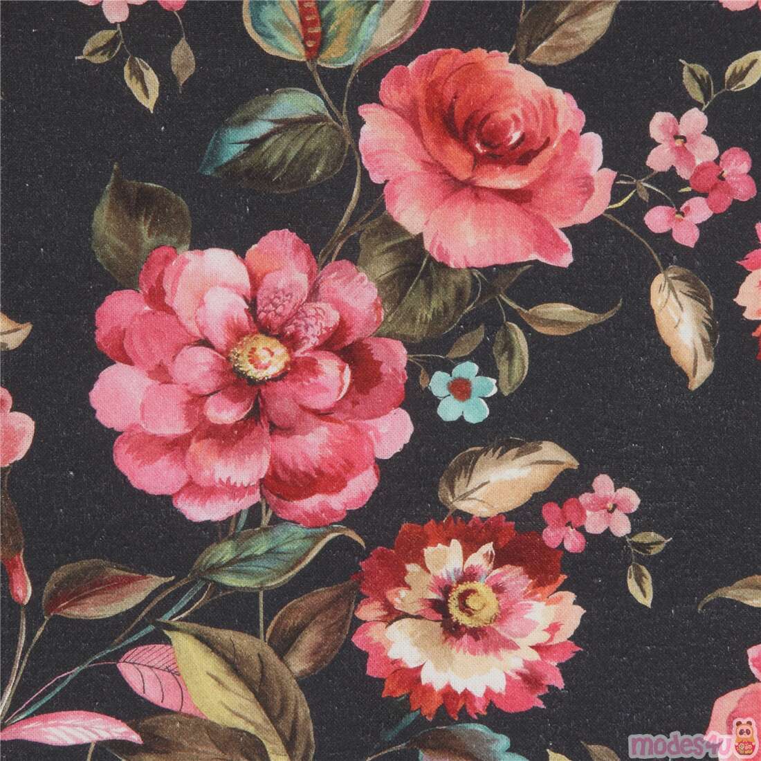 dark grey retro pink flower woven cotton fabric Fabric by Japanese