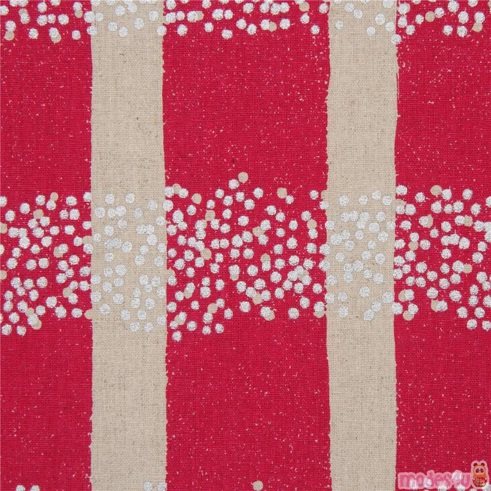 dark pink echino stripe canvas fabric with mini metallic silver dots