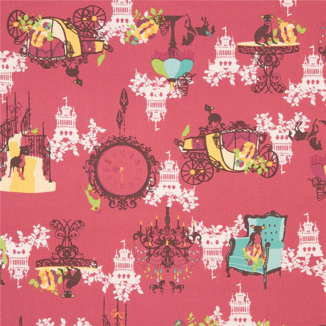 Fat Quarter 50 X 55 Cm Dark Pink Red With Dog Carriage Clock Canvas Fabric From Japan Modes4u