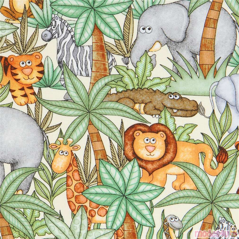 elephant rhino lion animal tree fabric cream Quilting Treasures modeS4u