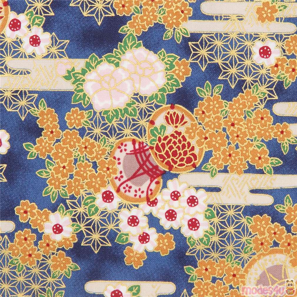 embellished dark blue flower and drum Quilt Gate fabric Fabric by Cosmo