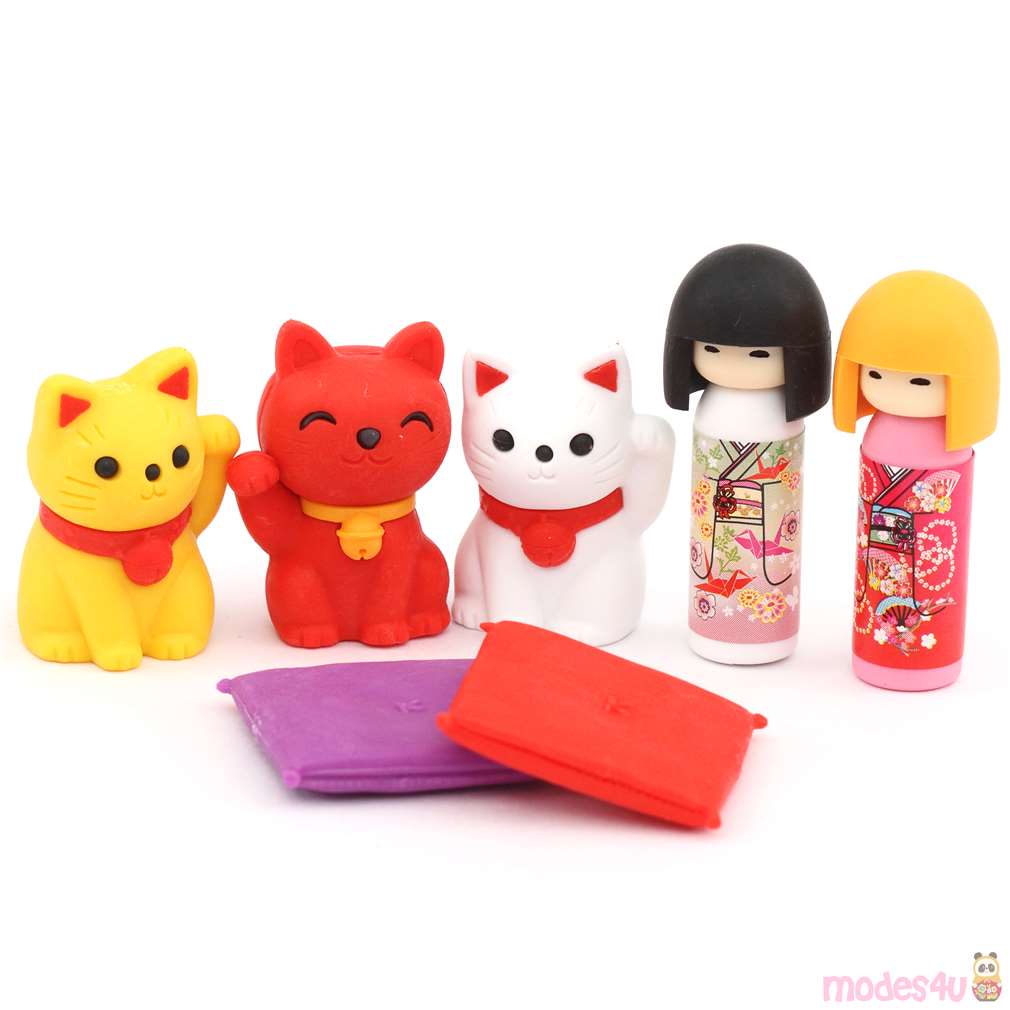 Iwako Japanese Doll and Cats Eraser Set