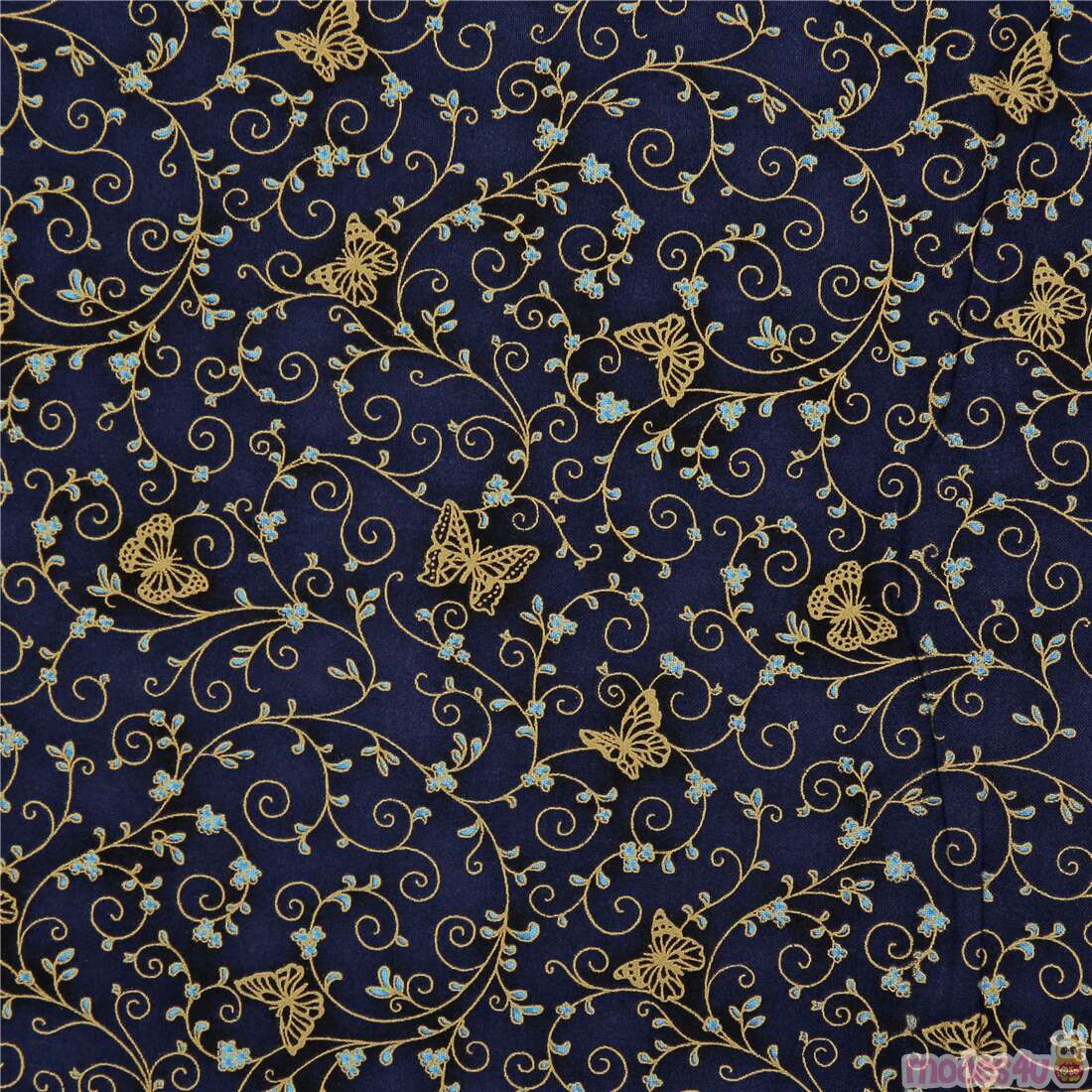 gold butterflies metallic on navy blue cotton fabric by Robert Kaufman ...