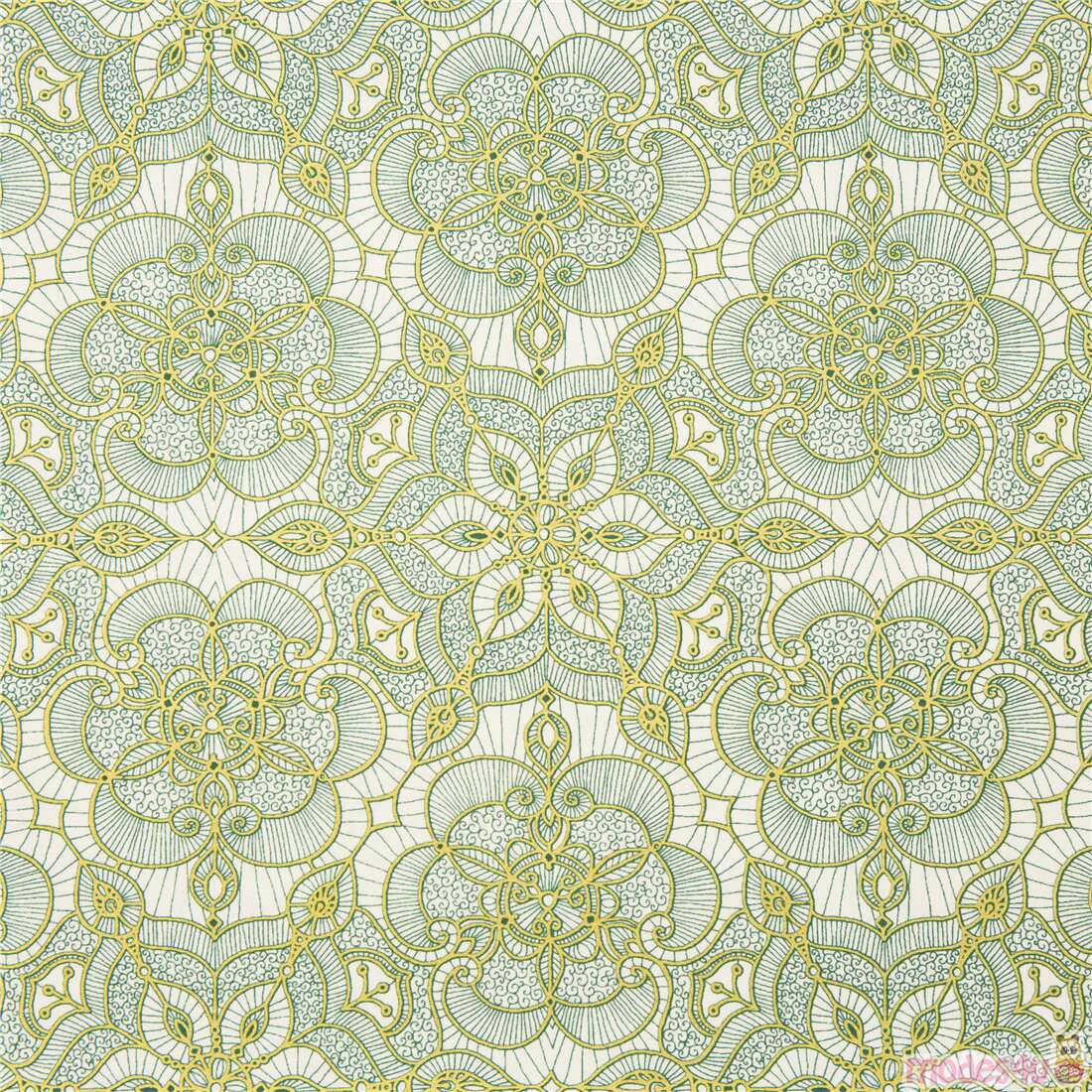 green and metallic gold Quilting Treasures lace digitally printed