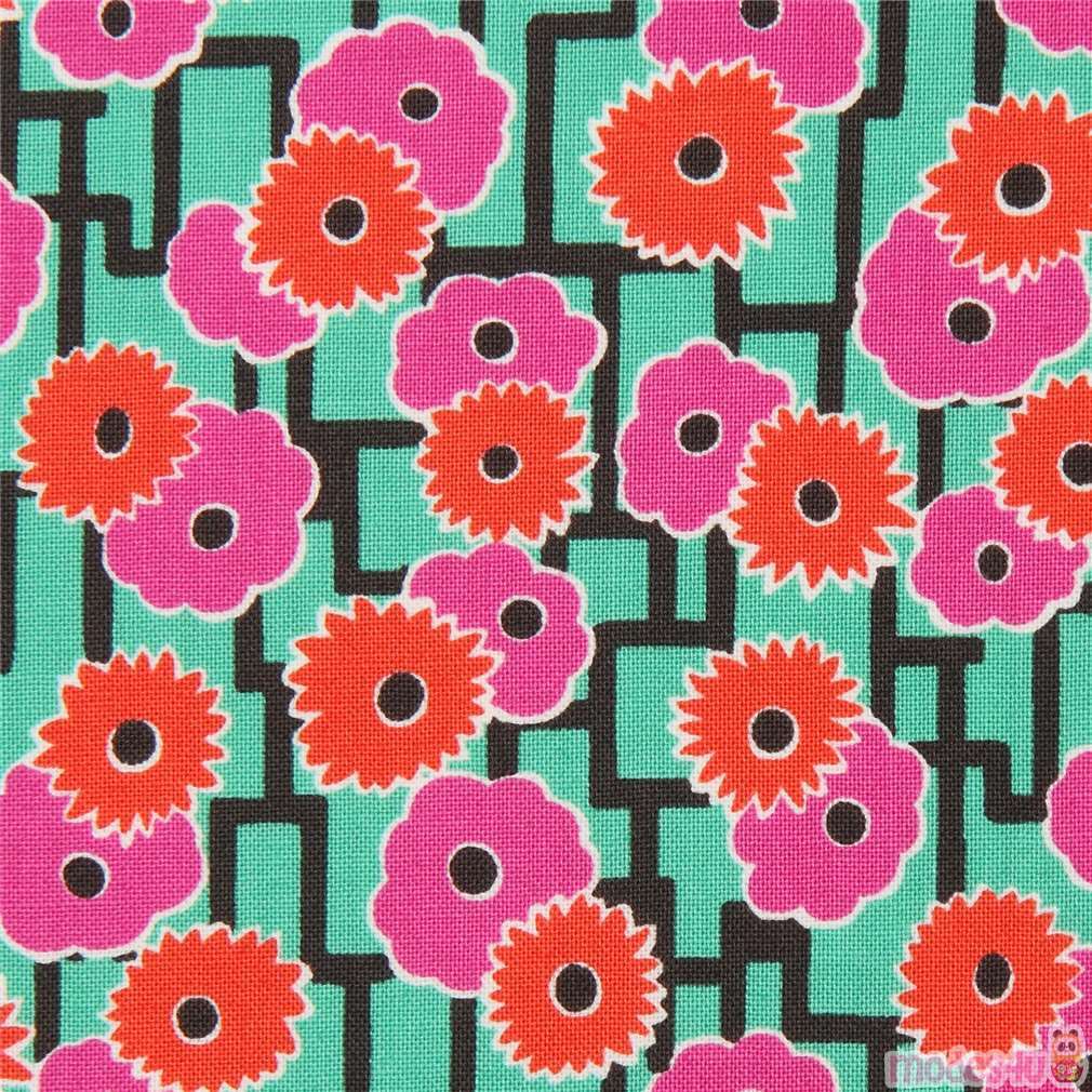 green fabric by Moda with purple and red-orange flowers Fabric by Moda ...