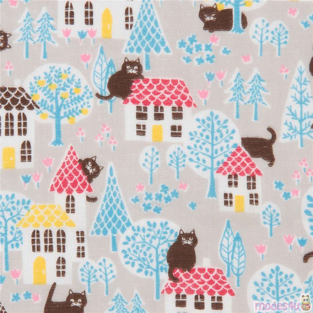 grey double gauze fabric cat animal house from Japan Fabric by Cosmo modes4u