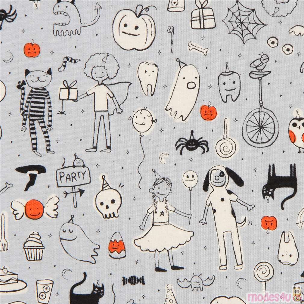 grey fabric with Halloween costume party fabric by Cotton and Steel