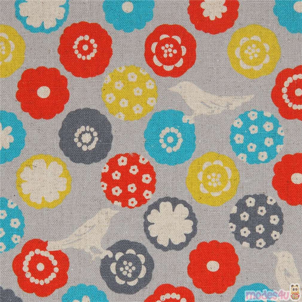 grey flower echino laminate canvas fabric with birds - modeS4u