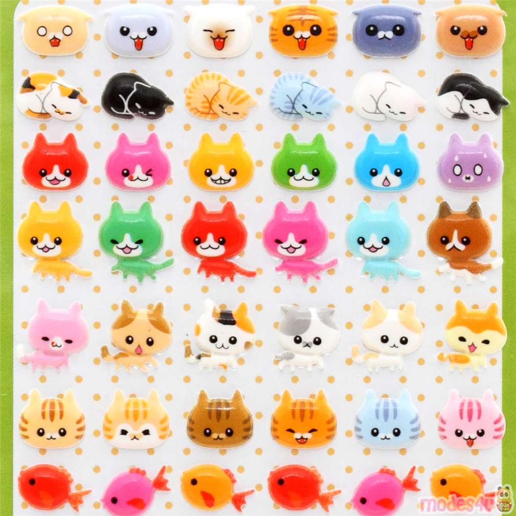 kawaii puffy stickers with cat - modeS4u