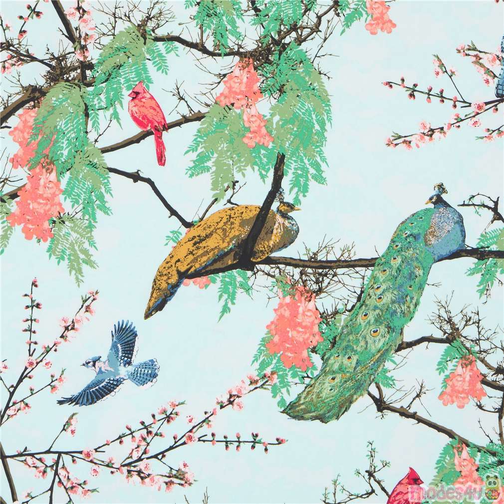 light blue bird fabric with peacocks by Art Gallery Fabrics modeS4u