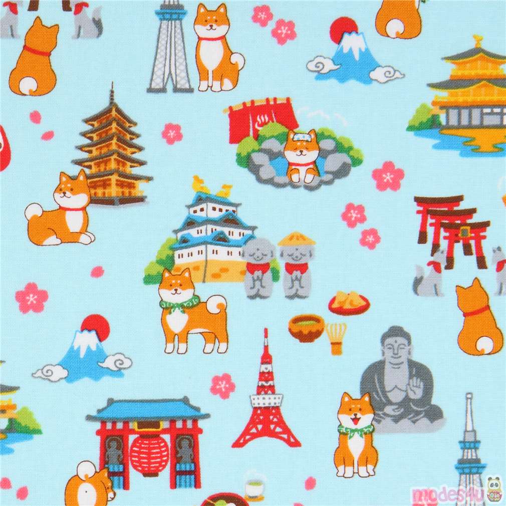 Light Blue Fabric With Shiba Inu Dog Landmark From Japan