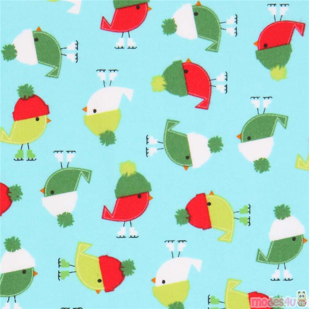 light blue flannel Robert Kaufman fabric cute bird hat ice skates
