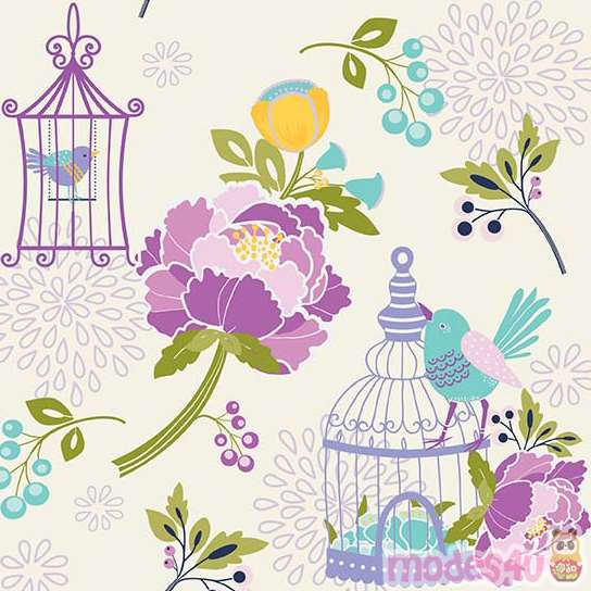 light cream Riley Blake pink purple flower bird cage fabric Lulabelle