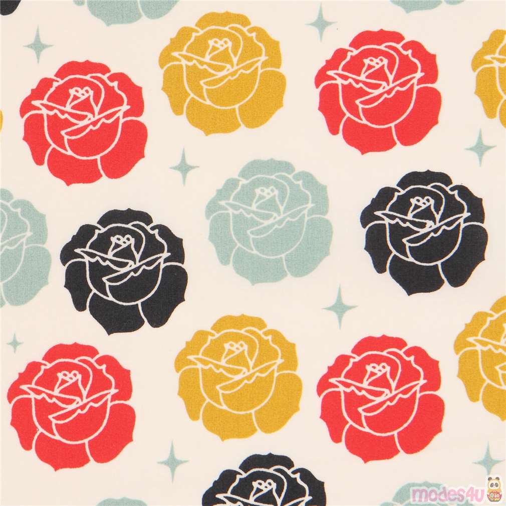 light cream with red light blue rose flower organic fabric by birch