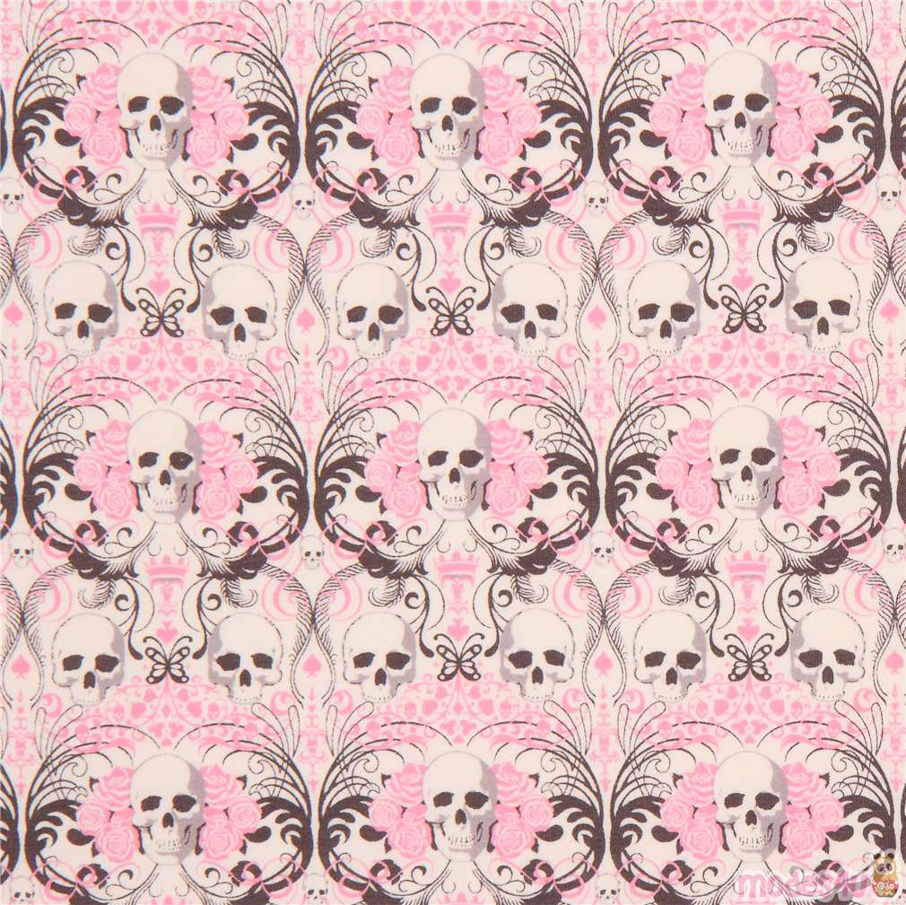 light cream with skull pink flower knit fabric Alexander Henry Regent