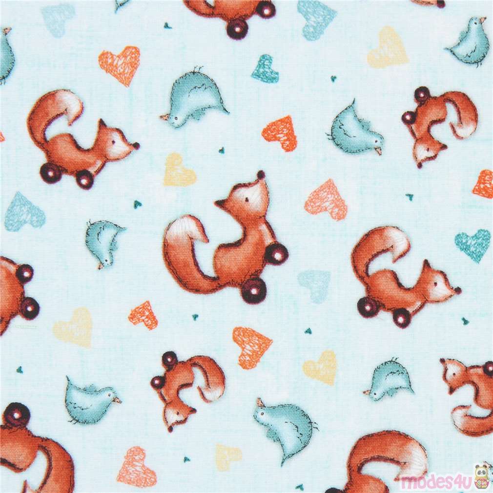 Remnant (19 x 109 cm) - light turquoise fabric cute fox toy bird heart ...