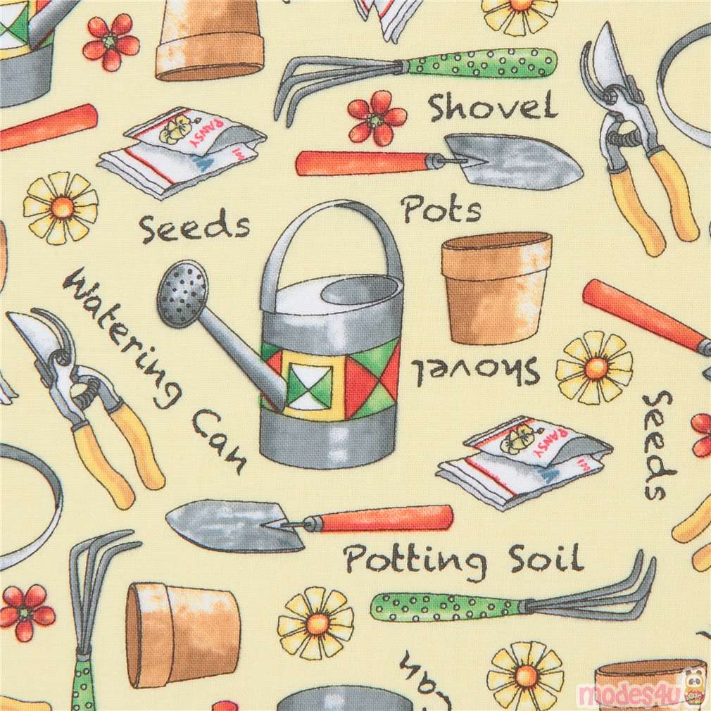 light yellow fabric with gardening tool watering can clipper Quilting