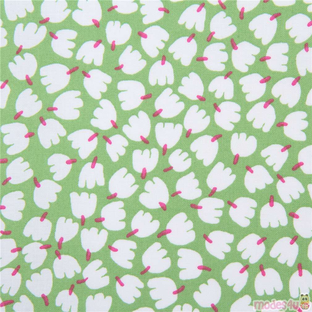 Remnant (46 x 112 cm) lime green fabric white flower hot pink stem by